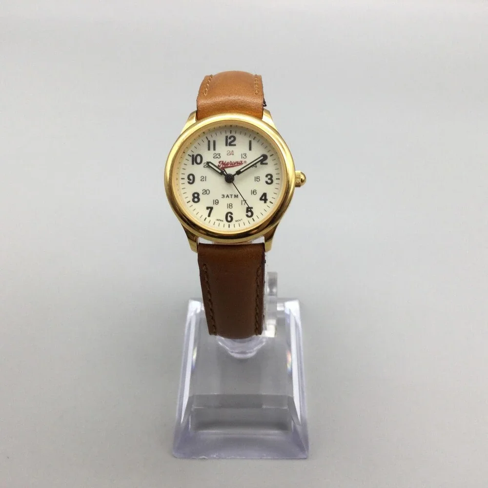 Merona Womens Watch 27mm Cream Dial Gold Tone Brown Leather Band
